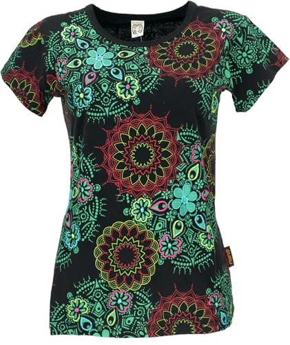 GURU SHOP Boho T-Shirt mit Mandaladruck, Bedrucktes Baumwoll T-Shirt, Yoga T-Shirt - Schwarz/grün, Damen, Baumwolle, Size:L von GURU SHOP