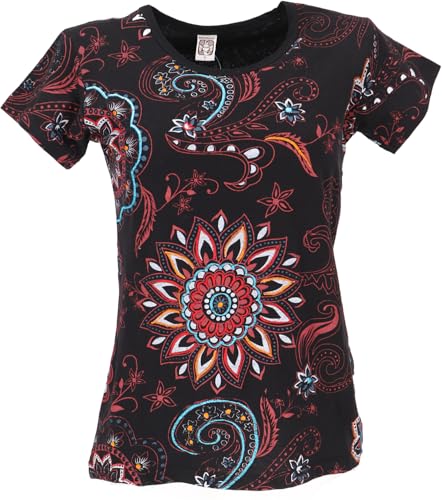 GURU SHOP Boho T-Shirt mit Mandaladruck, Bedrucktes Baumwoll T-Shirt, Yoga T-Shirt- Schwarz/rot, Damen, Baumwolle, Size:L von GURU SHOP