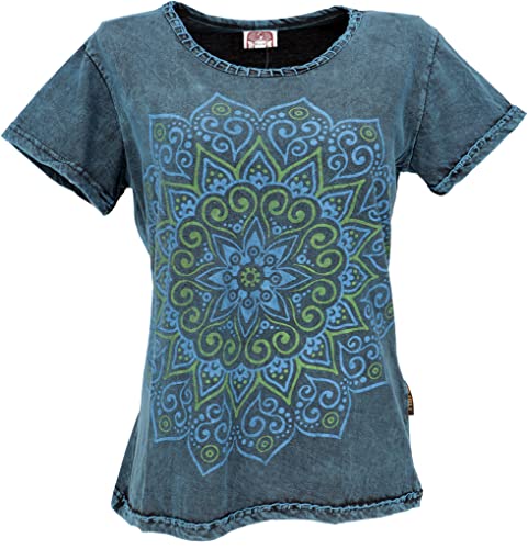 GURU SHOP T-Shirt mit Mandaladruck, Stonewashed T-Shirt, Blau, Baumwolle, Size:M (40) von GURU SHOP