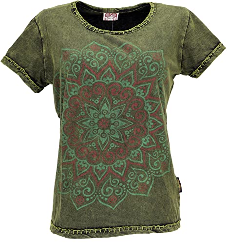 GURU SHOP T-Shirt mit Mandaladruck, Stonewashed T-Shirt, Grün, Baumwolle, Size:S (38) von GURU SHOP