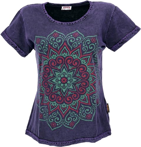 GURU SHOP Boho T-Shirt mit Mandaladruck, Stonewashed T-Shirt - Violett, Damen, Baumwolle, Size:M von GURU SHOP