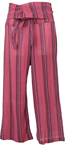 GURU SHOP Thai Fischerhose aus Gestreift Gewebter, Feiner Baumwolle, Wickelhose, Yogahose, Herren/Damen, Pink, Size:One Size von GURU SHOP