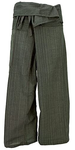 GURU SHOP Thai Fischerhose aus Gestreiftem Webstoff, Loose fit Baumwoll Wickelhose, Weite Yogahose, Herren/Damen, Olivgrün, Baumwolle, Size:One Size von GURU SHOP