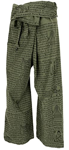 GURU SHOP Thai Fischerhose mit Mantra Druck aus Gewebter Baumwolle, Wickelhose, Yogahose, Herren/Damen, Olivgrün, Size:One Size von GURU SHOP