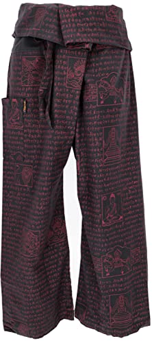 GURU SHOP Thai Fischerhose mit Mantra Druck aus Gewebter Baumwolle, Wickelhose, Yogahose, Herren/Damen, Schwarz, Size:One Size von GURU SHOP