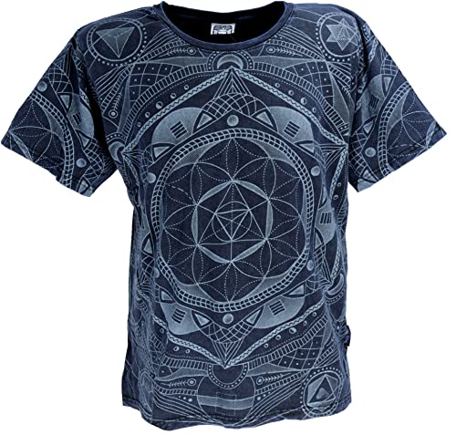 GURU SHOP Tibet & Buddhist Art T-Shirt, Flower of Life Mandala Stonewash T-Shirt, Dunkelblau, Baumwolle, Size:M von GURU SHOP