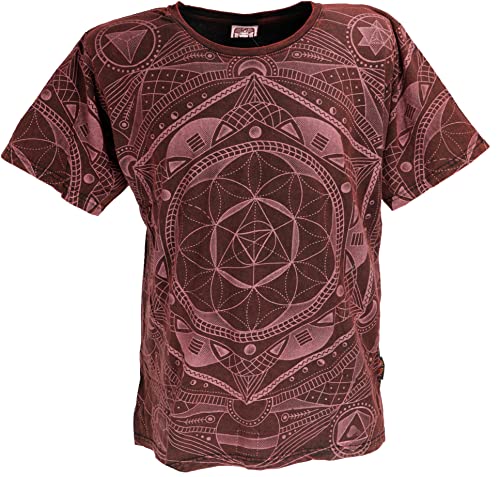 GURU SHOP Tibet & Buddhist Art T-Shirt, Flower of Life Mandala Stonewash T-Shirt, Weinrot, Baumwolle, Size:XXL von GURU SHOP
