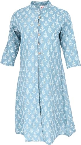 GURU SHOP Tunika, Tunikakleid mit Handgefertigtem Druck, Taubenblau, Baumwolle, Size:L (40) von GURU SHOP