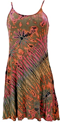 GURU SHOP Unikat Batik Minikleid, Batikkleid, Hippiekleid, Damen, Rostorange/Olive, Synthetisch, Size:38 von GURU SHOP