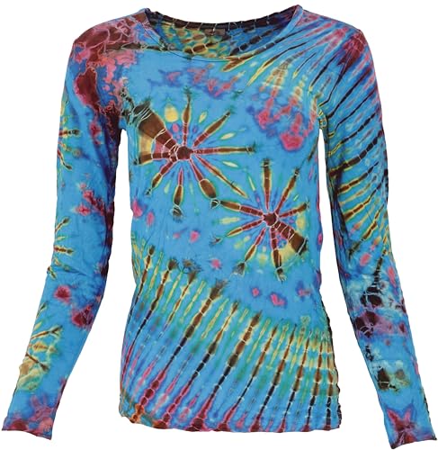 GURU SHOP Unikat Batik Shirt, Unikat Langarmshirt, Damen, Türkis, Synthetisch, Size:38 von GURU SHOP