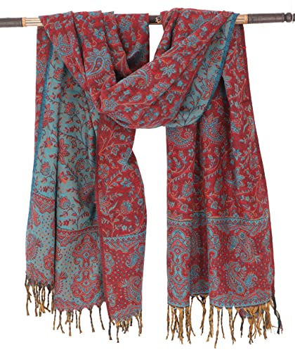 GURU SHOP Weicher Pashmina Schal/Stola mit Paisley Muster, Herren/Damen, Petrolblau/rot, Synthetisch, Size:One Size, 200x100 cm von GURU SHOP