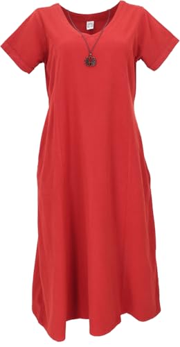 GURU SHOP Weiches Bequemes Baumwollkleid, Sommerkleid mit Taschen im Leinen-Look - Rot, Damen, Baumwolle, Size:XL von GURU SHOP