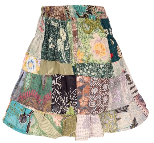 GURU SHOP Weit Schwingender Upcyceling Patchwork Minirock, Boho Baumwoll Sommerrock - Grün, Damen, Baumwolle von GURU SHOP
