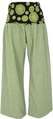 GURU SHOP Weite, Wellnesshose, Yogahose, Hose mit Breitem Bund, Grün/Lemon, Baumwolle, Size:M (38) von GURU SHOP