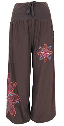 GURU SHOP Weite Pluderhose mit Breitem Bund, Blumenstickerei, Dunkelbraun, Baumwolle, Size:L/XL (42) von GURU SHOP