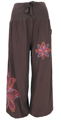 GURU SHOP Weite Pluderhose mit Breitem Bund, Blumenstickerei - Dunkelbraun, Damen, Baumwolle, Size:S/M von GURU SHOP