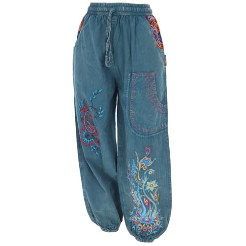 GURU SHOP Weite Pluderhose mit Breitem Bund, Blumenstickerei - Jeansblau, Damen, Baumwolle, Size:XL von GURU SHOP
