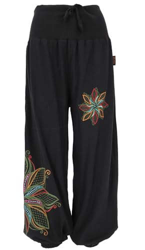 GURU SHOP Weite Pluderhose mit Breitem Bund, Blumenstickerei - Schwarz, Damen, Baumwolle, Size:S/M von GURU SHOP