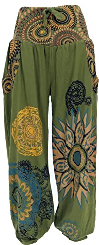 GURU SHOP Weite Pluderhose mit Breitem Bund, Druck, Olivgrün, Baumwolle, Size:L/XL (42) von GURU SHOP