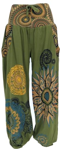 GURU SHOP Weite Pluderhose mit Breitem Bund, Boho Druck - Olivgrün, Damen, Baumwolle, Size:S/M von GURU SHOP
