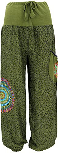 GURU SHOP Weite Pluderhose mit Breitem Bund, Mandalastickerei, Olivgrün, Baumwolle, Size:L/XL (42) von GURU SHOP