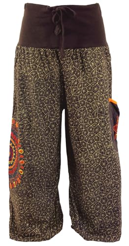 GURU SHOP Weite Pluderhose mit Breitem Bund, Mandalastickerei - Schokobraun, Damen, Baumwolle, Size:S/M von GURU SHOP