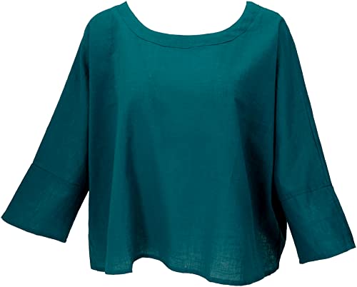 GURU SHOP Weites Blusentop mit 3/4 Ärmeln, Maxibluse, Damen, Petrol, Baumwolle, Size:42 von GURU SHOP