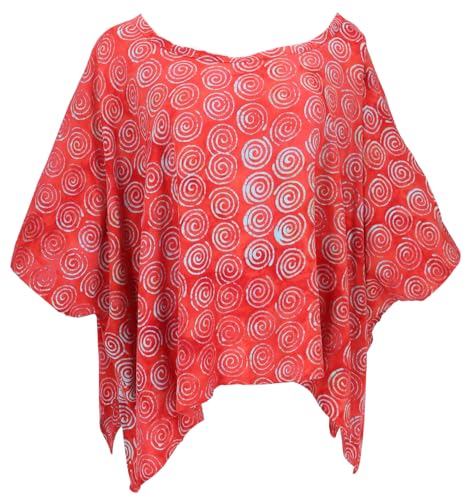 GURU SHOP Weites Boho Plus Size Blusentop mit Fledermausärmeln, Maxibluse mit Handgefertigter Batik, Strandtop - Rot, Damen, Synthetisch von GURU SHOP