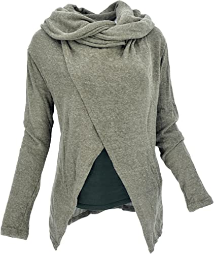 GURU SHOP Wickel-Strickjacke mit Weiter Schalkapuze, Damen, Helles Khaki, Baumwolle, Size:38 von GURU SHOP