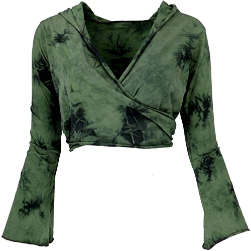 GURU SHOP Wickeltop, Yogatop, Langarmshirt mit Trompetenärmeln, Batik/grün, Baumwolle, Size:L (40) von GURU SHOP