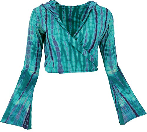 GURU SHOP Wickeltop, Yogatop, Langarmshirt mit Trompetenärmeln, Batik/türkis, Baumwolle, Size:L (40) von GURU SHOP