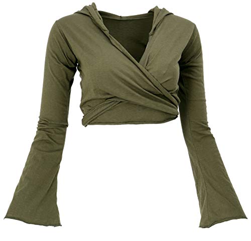 GURU SHOP Wickeltop, Yogatop, Langarmshirt mit Trompetenärmeln, Olivgrün, Baumwolle, Size:S (36) von GURU SHOP