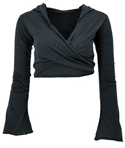 GURU SHOP Wickeltop, Yogatop, Langarmshirt mit Trompetenärmeln, Schwarz, Baumwolle, Size:L (40) von GURU SHOP