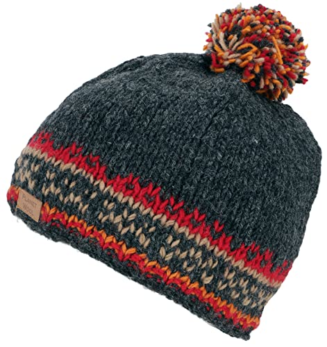 GURU SHOP Bommelmützel aus Nepal, Mütze aus Schurwolle, Wintermütze, Herren/Damen, Dunkelgrau/rot, Size:One Size von GURU SHOP