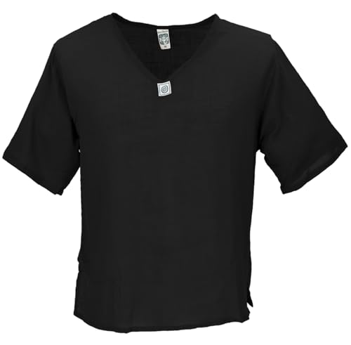 GURU SHOP Yoga Hemd, Alternatives Baumwollhemd, Leichtes Freizeithemd, Kurzarm Schlupfhemd - Schwarz, Herren, Baumwolle, Size:L von GURU SHOP