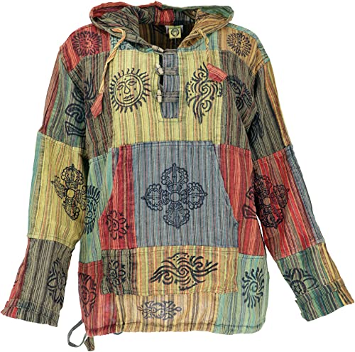 GURU SHOP Yoga Hemd, Goa Hemd, Unikat Patchwork Kapuzenshirt, Leichter Freizeit Hoodie, Lemon/bunt, Baumwolle, Size:S von GURU SHOP