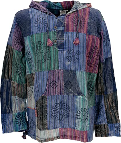 GURU SHOP Yoga Hemd, Goa Hemd, Unikat Patchwork Sweatshirt, Leichter Freizeit Hoodie, Blau, Baumwolle, Size:M von GURU SHOP