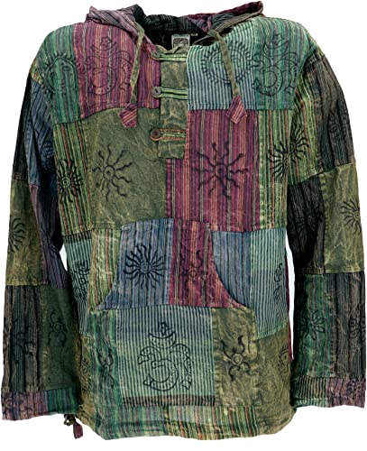 GURU SHOP Yoga Hemd, Goa Hemd, Unikat Patchwork Sweatshirt, Leichter Freizeit Hoodie, Grün, Baumwolle, Size:L von GURU SHOP