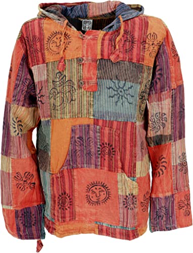 GURU SHOP Yoga Hemd, Goa Hemd, Unikat Patchwork Sweatshirt, Leichter Freizeit Hoodie, Rostorange, Baumwolle, Size:L von GURU SHOP