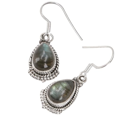 Tropfenförmige indische Silberohrringe, Boho Ohrhänger - Labradorit von GURU SHOP