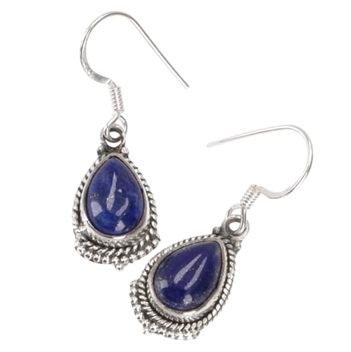 Tropfenförmige indische Silberohrringe, Boho Ohrhänger - Lapislazulit von GURU SHOP