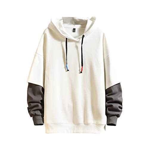 GURUNVANI Mode Hoodies Herren Farbblock Pullover O-Ausschnitt Kapuzen-Sweatshirt Patchwork, 7401White, Small von GURUNVANI