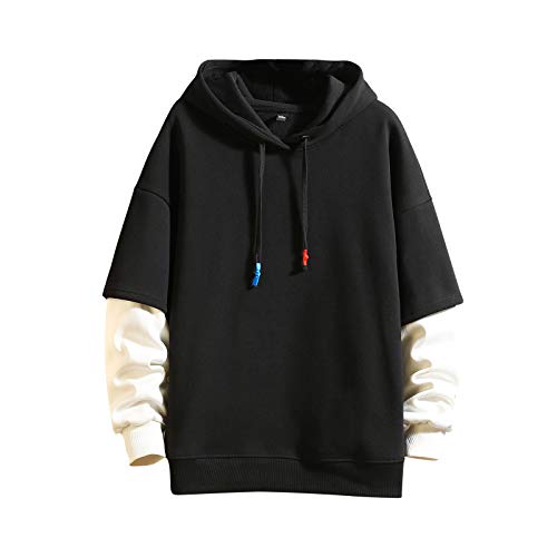 GURUNVANI Mode Hoodies Herren Farbblock Pullover O-Ausschnitt Kapuzen-Sweatshirt Patchwork, Schwarz, Small von GURUNVANI