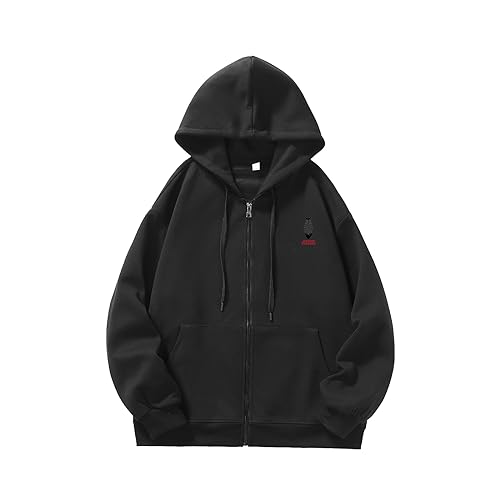 GURUNVANI Full-Zip Hoodie Männer Grafik Streetwear Zip Up Sweatshirt Kordelzug Tasche， W4312Black， Medium von GURUNVANI