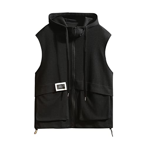 GURUNVANI Herbst-Kapuzenweste für Herren, locker, ärmellos, Sweatshirt, 313 Schwarz, XX-Large von GURUNVANI