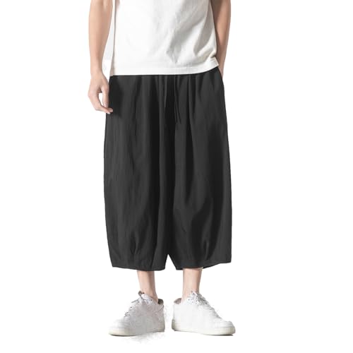 GURUNVANI Herren-Caprihose mit weitem Bein, elastische Taille, Harlem, lockere Strandhose, 24k185 Schwarz, L von GURUNVANI