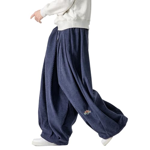 GURUNVANI Herren Cord Hosen Baggy Wide Leg Drawstring Streetwear Hose locker Fit, Marineblau, X-Large von GURUNVANI
