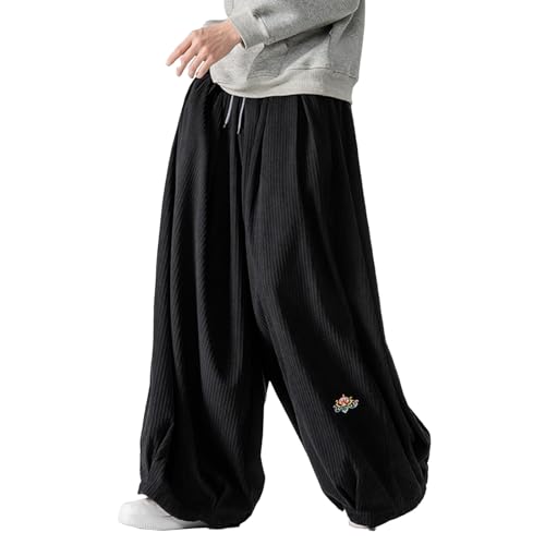 GURUNVANI Herren Cord Hosen Baggy Wide Leg Drawstring Streetwear Hose locker Fit, Schwarz, Groß von GURUNVANI