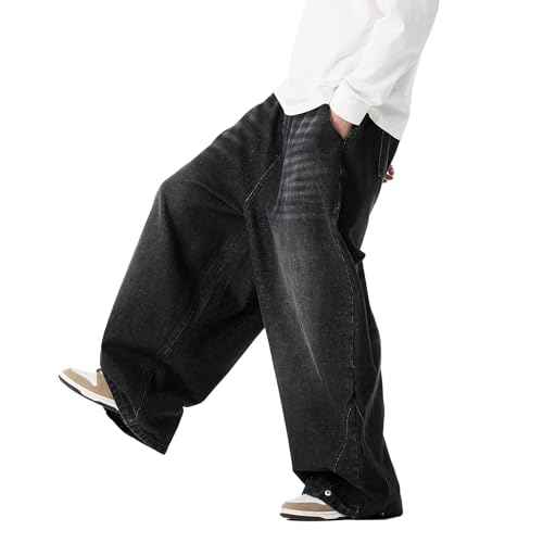 GURUNVANI Herren-Denim-Hose, weites Bein, lockere Passform, Hip-Hop-Jeans, Streetwear, Schwarz, XXL von GURUNVANI