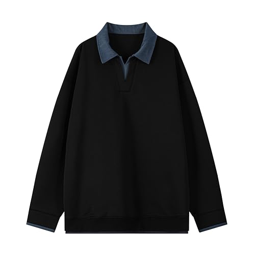 GURUNVANI Herren Farbe Block Polo Sweatshirts Loose Fit Langarm Pullover Shirt, Schwarz, Mittel von GURUNVANI